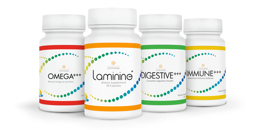 Picture of bottles of Laminine, OMEGA+++, DIGESTIVE+++ and IMMUNE+++.